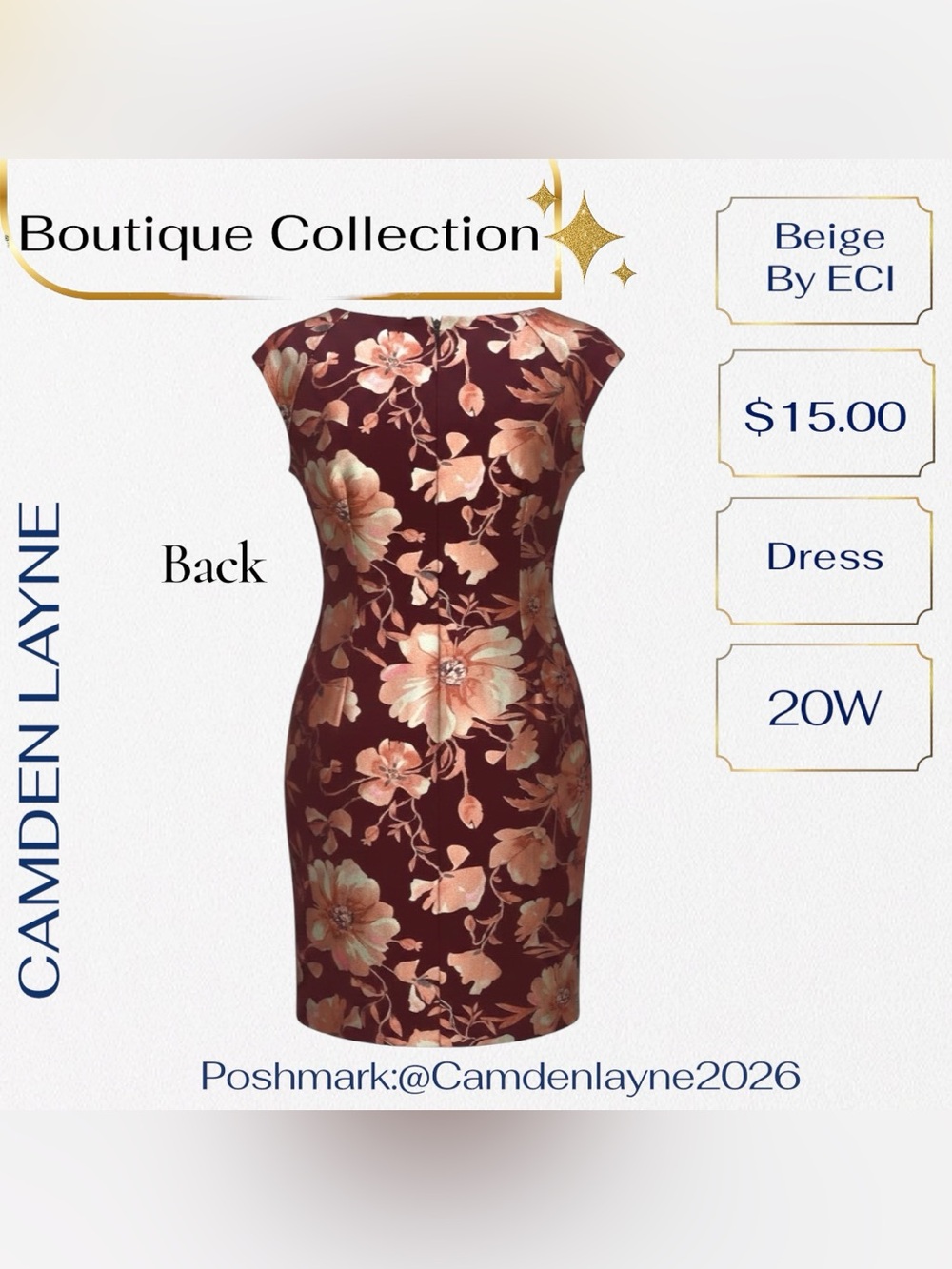 Beige by eci Burgundy Floral Midi Sheath Dress with Gold Accents - Picture 5 of 7